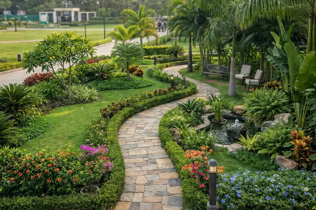 Landscaped garden paths at Eleva By Hiranandani