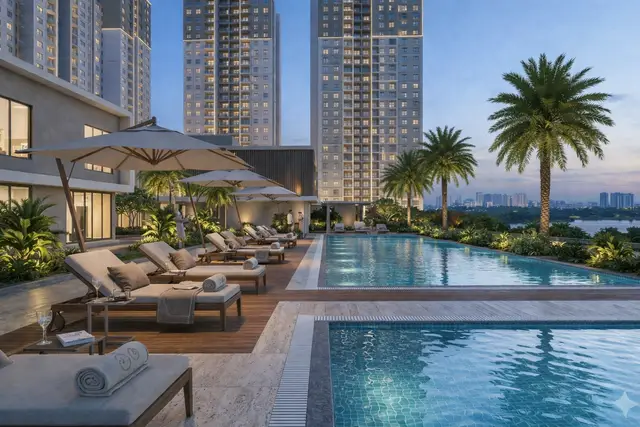 Pool deck and leisure areas at Eleva By Hiranandani
